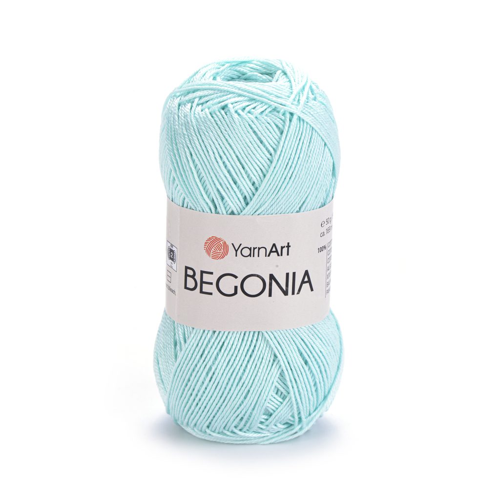 A skein of YarnArt Begonia yarn in a light minty aqua blue color, wrapped with a white paper label, on a clean white background.